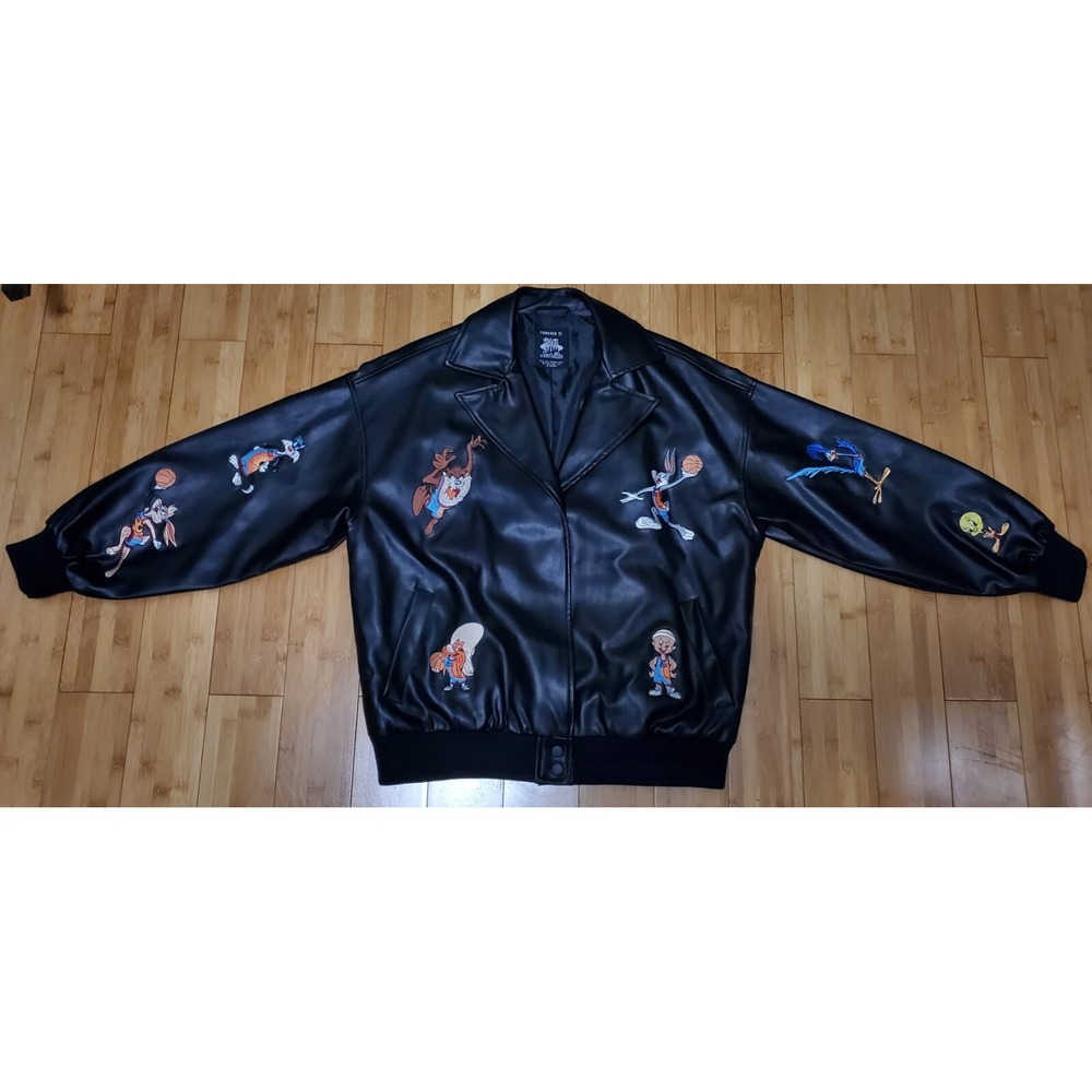 Forever 21 Space Jam A New Legacy Black Faux Leather Moto Bomber Jacket Mens S